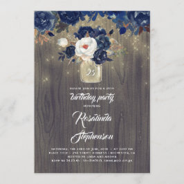 Navy Bloemen Mason Jar Rustiek Verjaardagsfeest Kaart