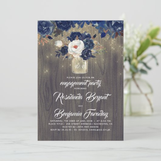 Navy Bloemen Mason Jar Rustiek Verlovingsfeest Kaart (Staand voorkant)