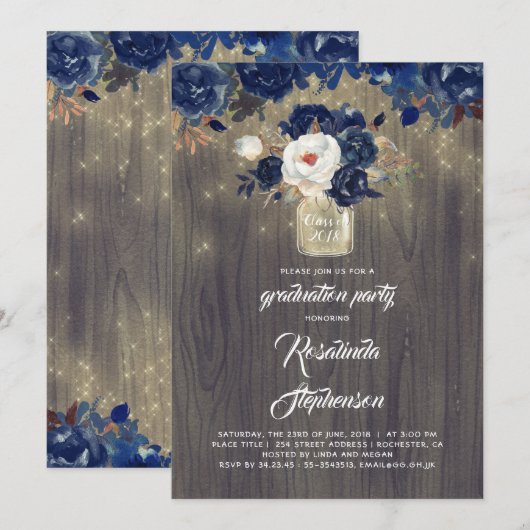 Navy Bloemen Mason Jar Rustieke afstudeerfeest Kaart (Voorkant / Achterkant)