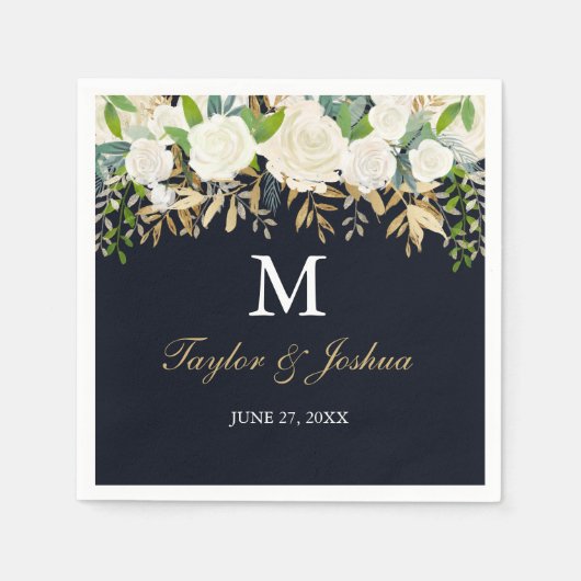 Navy Bloemen Monogram Waterverf Bruiloft Servet (Voorkant)