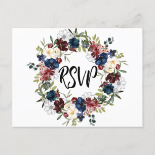 Navy Bloemen RSVP Herinnering Briefkaart