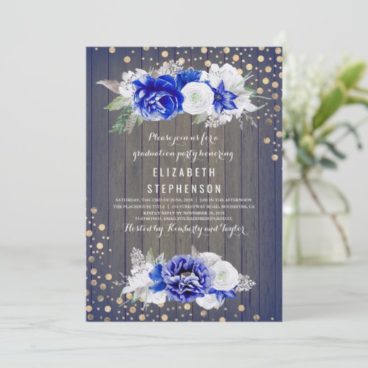 Navy Bloemen Rustiek Graduation Party Kaart (Staand voorkant)