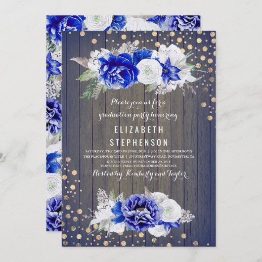 Navy Bloemen Rustiek Graduation Party Kaart (Voorkant / Achterkant)