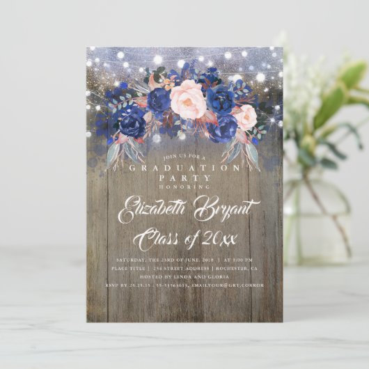 Navy Bloemen Rustiek Graduation Party Kaart (Staand voorkant)