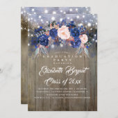 Navy Bloemen Rustiek Graduation Party Kaart (Voorkant / Achterkant)