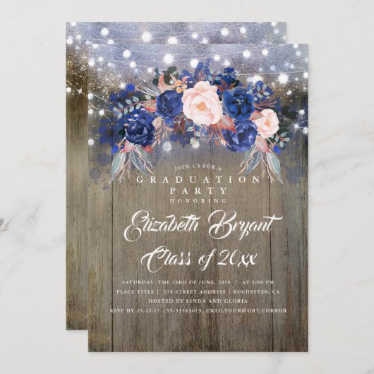 Navy Bloemen Rustiek Graduation Party Kaart (Voorkant / Achterkant)
