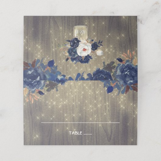 Navy Bloemen Rustiek Hout Mason Jar Bruiloft Plaatskaartje (Buitenkant ongevouwen)