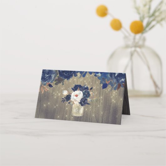 Navy Bloemen Rustiek Hout Mason Jar Bruiloft Plaatskaartje (Achterkant)
