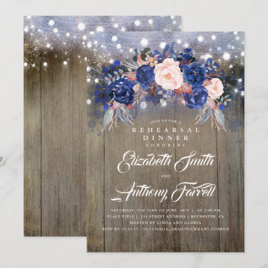 Navy Bloemen Rustiek repetitie diner Kaart (Voorkant / Achterkant)