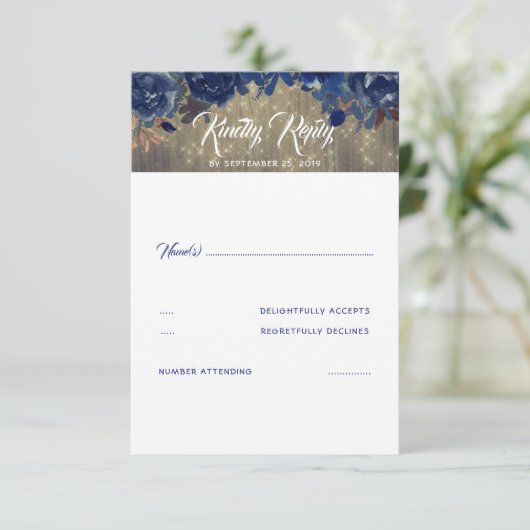 Navy Bloemen Rustieke RSVP (Staand voorkant)