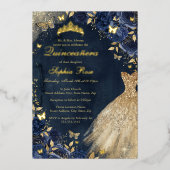 Navy Bloemen Vlinder Gouden Jurk Quinceanera Folie Uitnodiging (Voorkant)