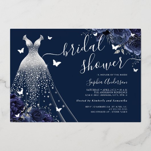 Navy Bloemen Vlinder Sparkle Dress Vrijgezellenfee Folie Uitnodiging (Voorkant)