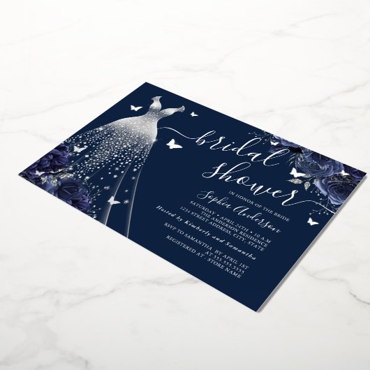 Navy Bloemen Vlinder Sparkle Dress Vrijgezellenfee Folie Uitnodiging (Gedraaid)