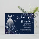 Navy Bloemen Vlinder Sparkle Dress Vrijgezellenfee Folie Uitnodiging (Staand Voorkant)