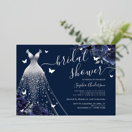 Navy Bloemen Vlinder Sparkle Dress Vrijgezellenfee Folie Uitnodiging (Staand Voorkant)