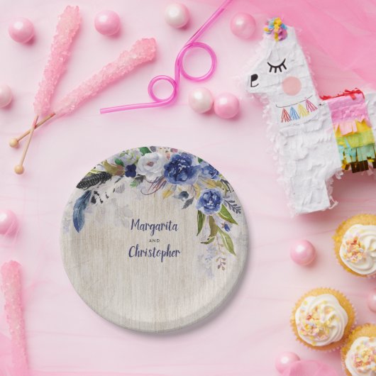 Navy Bloemen Waterverf Bruiloft Papieren Bordje (Feest)