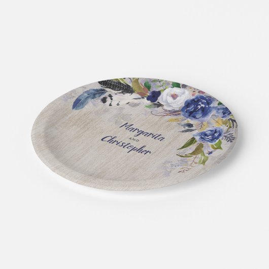 Navy Bloemen Waterverf Bruiloft Papieren Bordje (Gekanteld)