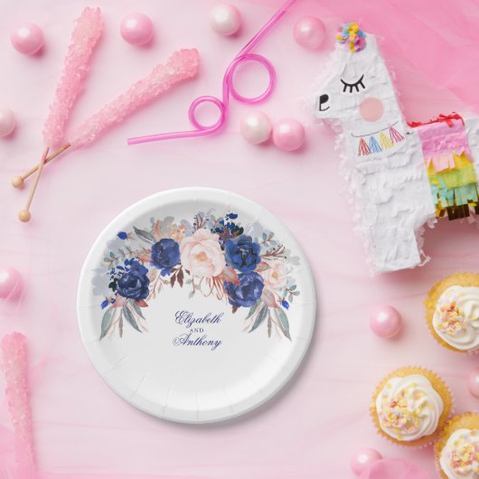 Navy Bloemen Waterverf Bruiloft Papieren Bordje (Feest)