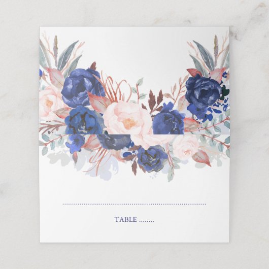 Navy Bloemen Waterverf Bruiloft Plaatskaartje (Buitenkant ongevouwen)