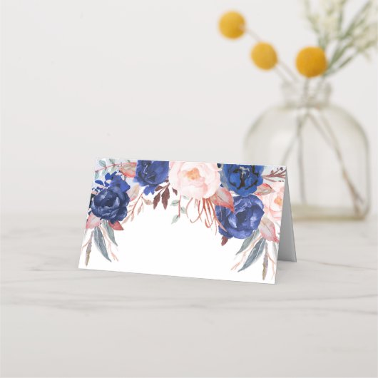 Navy Bloemen Waterverf Bruiloft Plaatskaartje (Achterkant)