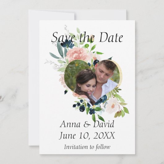 Navy Bloemen Waterverf Foto Save the Date (Voorkant)