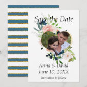 Navy Bloemen Waterverf Foto Save the Date (Voorkant / Achterkant)