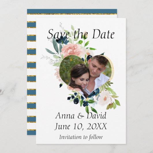 Navy Bloemen Waterverf Foto Save the Date (Voorkant / Achterkant)