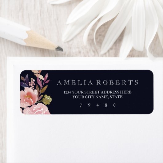 Navy Bloemen Waterverf Pioenrozen Adreslabel Etiket (Insitu)