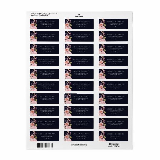 Navy Bloemen Waterverf Pioenrozen Adreslabel Etiket (Full Sheet)