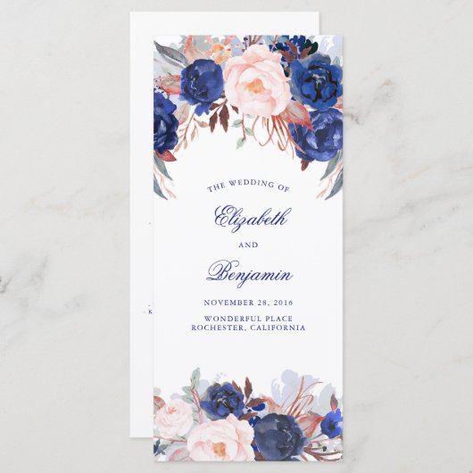 Navy Bloemen Waterverf Trouwprogramma's Programmakaart (Voorkant / Achterkant)