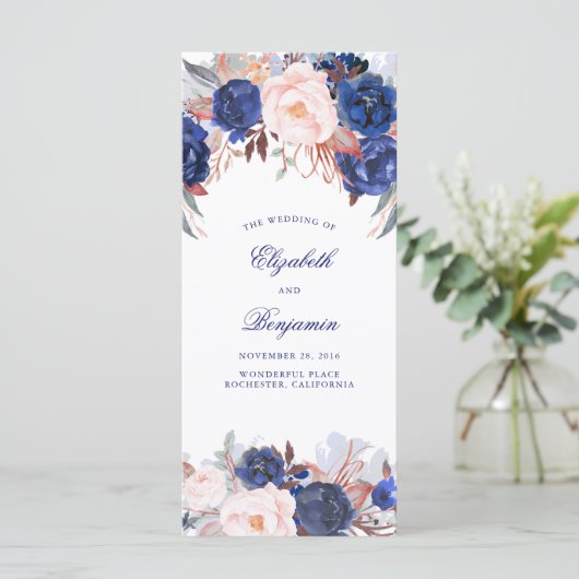 Navy Bloemen Waterverf Trouwprogramma's Programmakaart (Staand voorkant)