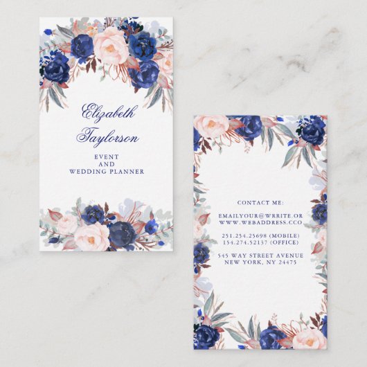 Navy Bloemen Waterverf Visitekaartje (Voorkant / Achterkant)