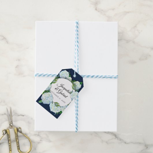 Navy Bloemen Witte Hydrangea Elegante bruiloft Cadeaulabel (Met Touw)