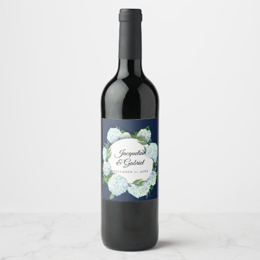 Navy Bloemen Witte Hydrangea Elegante Rustieke Bru Wijn Etiket (Voorkant)