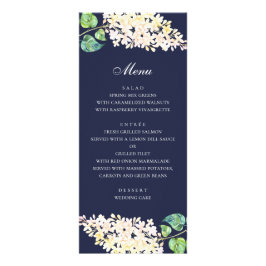 Navy bloemenbruiloft diner. Witte bloemen menu