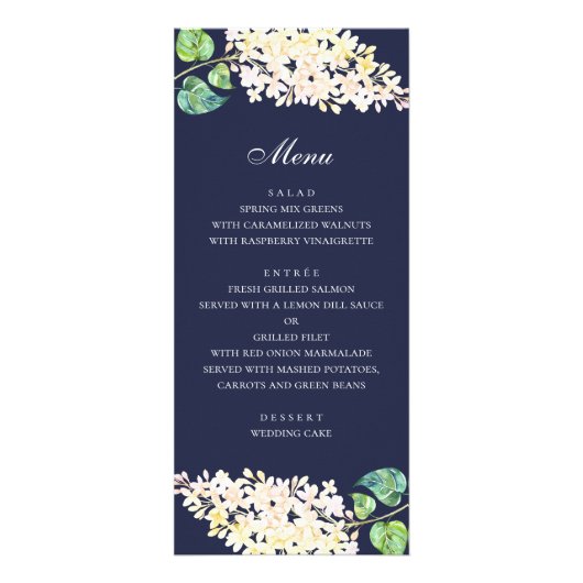 Navy bloemenbruiloft diner. Witte bloemen menu (Voorkant)
