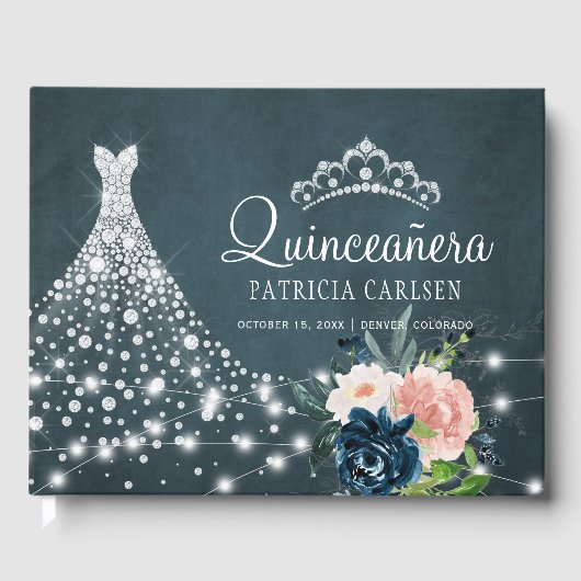 Navy bloemendiamant prinses tiara quinceanera gastenboek (Voorkant)