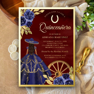 Navy bloemenjurk burgundy charro Quinceanera goud Folie Uitnodiging