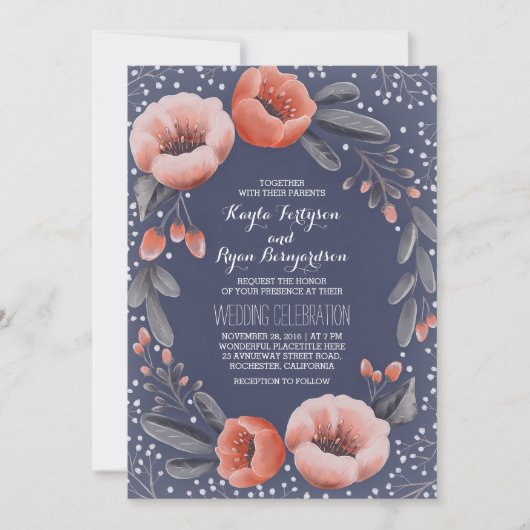Navy Bloemenkrans Baby's Breath Wedding Kaart (Voorkant)