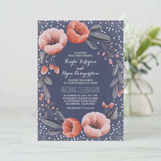 Navy Bloemenkrans Baby's Breath Wedding Kaart (Staand voorkant)