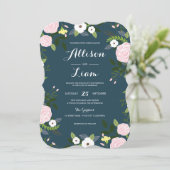 Navy Bloementuin bruiloft uitnodiging (Staand voorkant)