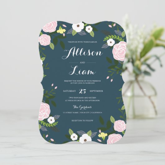 Navy Bloementuin bruiloft uitnodiging (Staand voorkant)