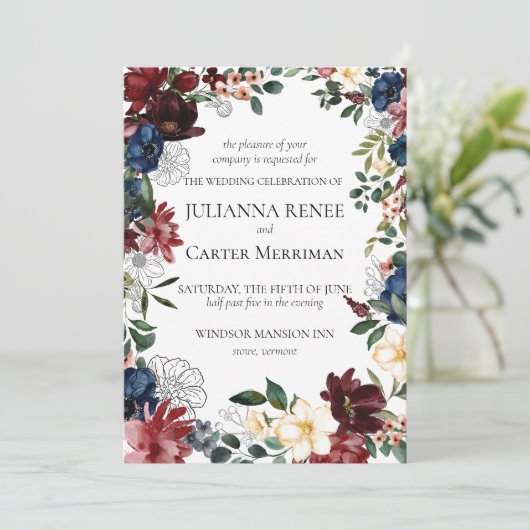 Navy Bloom Bloemen Lijst Bruiloft Kaart (Staand voorkant)