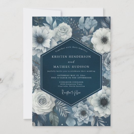 Navy Bloom Moody Wedding Kaart (Voorkant)