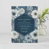 Navy Bloom Moody Wedding Kaart (Staand voorkant)