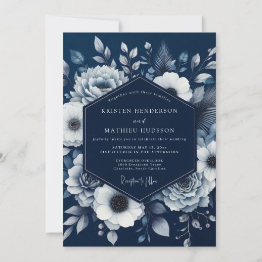 Navy Bloom Romance Wedding Kaart (Voorkant)