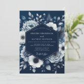 Navy Bloom Romance Wedding Kaart (Staand voorkant)