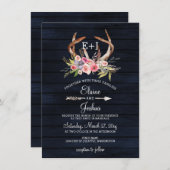 Navy Blooming Antlers Land Chic Weddenschap Kaart (Voorkant / Achterkant)
