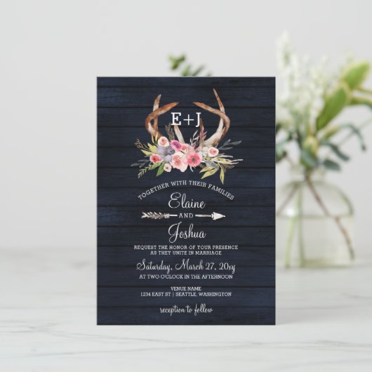 Navy Blooming Antlers Land Chic Weddenschap Kaart (Staand voorkant)