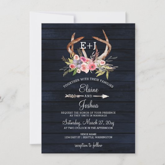 Navy Blooming Antlers Land Chic Weddenschap Kaart (Voorkant)